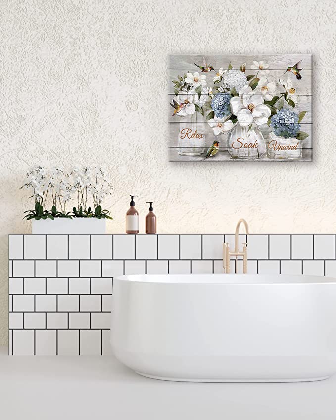 Farmhouse Flower Bathroom Decor Wall Art Rustic Hummingbird White Floral Pictures Wall Decor Relax Soak Unwind Bathroom Sign Canvas Painting Prints Artwork Home Decorations Framed for Bedroom 24"x16" (White Flower / 24"L x 16"W)