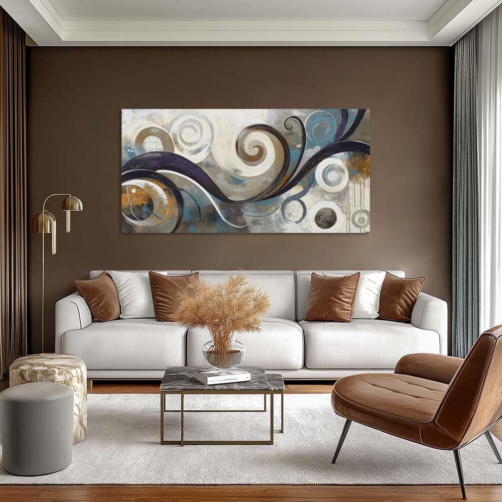 Teal Brown Swirl Geometric Canvas Wall Art Modern Abstract Painting Flat Print Gallery Wrapped Contemporary Artwork for Living Room Bedroom Bathroom Decor (Abstract / Blue Swirl 12 / 46"L x 23"W)