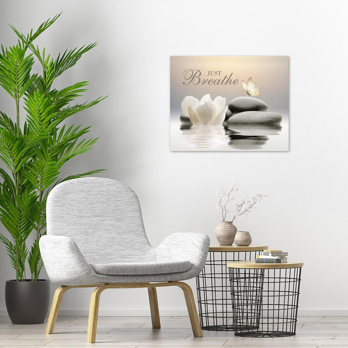 Zen Stone Framed Wall Art 20x16 Inches Butterfly and Flower Spa Relaxing Spiritual Yoga Canvas Prints Wall Art Bathroom Just Breathe Artwork for Bedroom Office Wall Decor (16"L x 20"W / Beige)