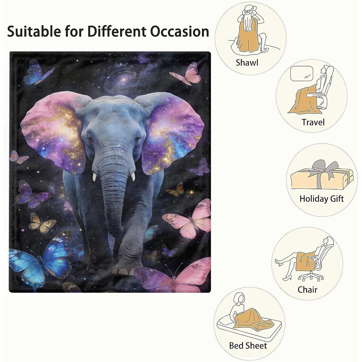 Elephant Fleece Throw Blanket Butterfly Blanket Gifts Room Decor 50"x60" (Elephant / 50"X60")