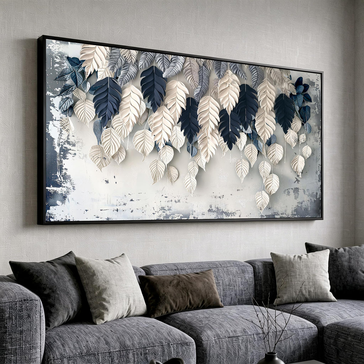 Botanical Leaf Wall Art White Blue Modern Framed Canvas Decor 30"x60" (58"L x 29"W / Leaf 01)