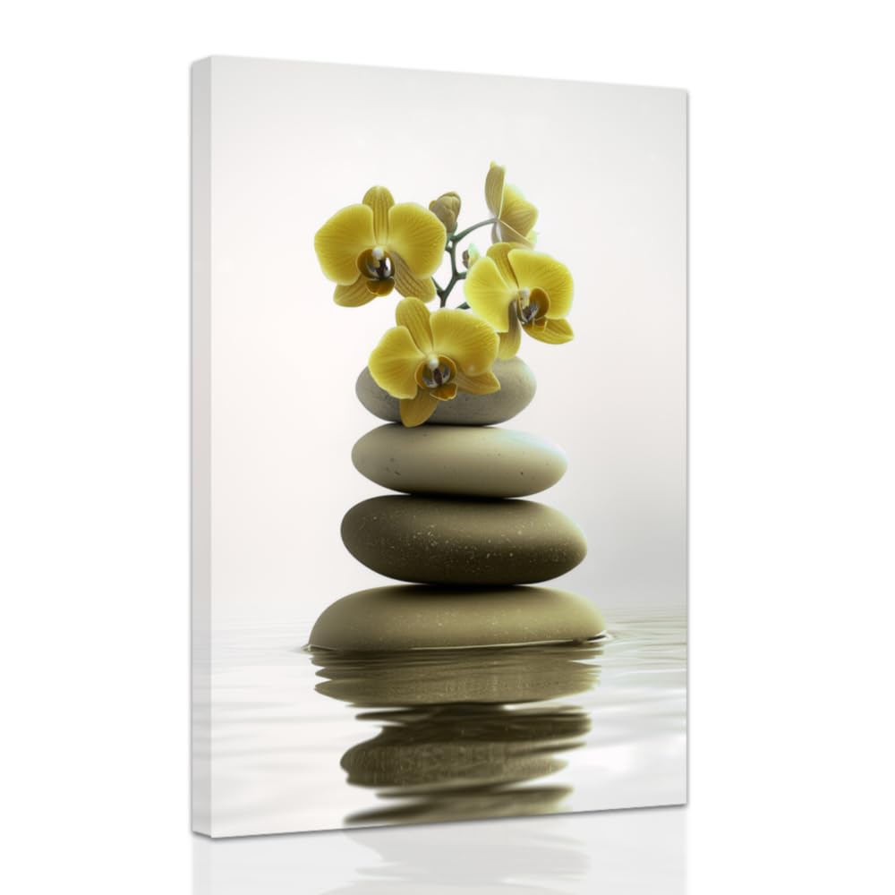 Zen Wall Art Stones Picture Orchid Canvas Painting Yellow Zen Water Prints Spa Bathroom Decor Meditation Yoga Room Office Home Framed (Yellow / 16" x 24")