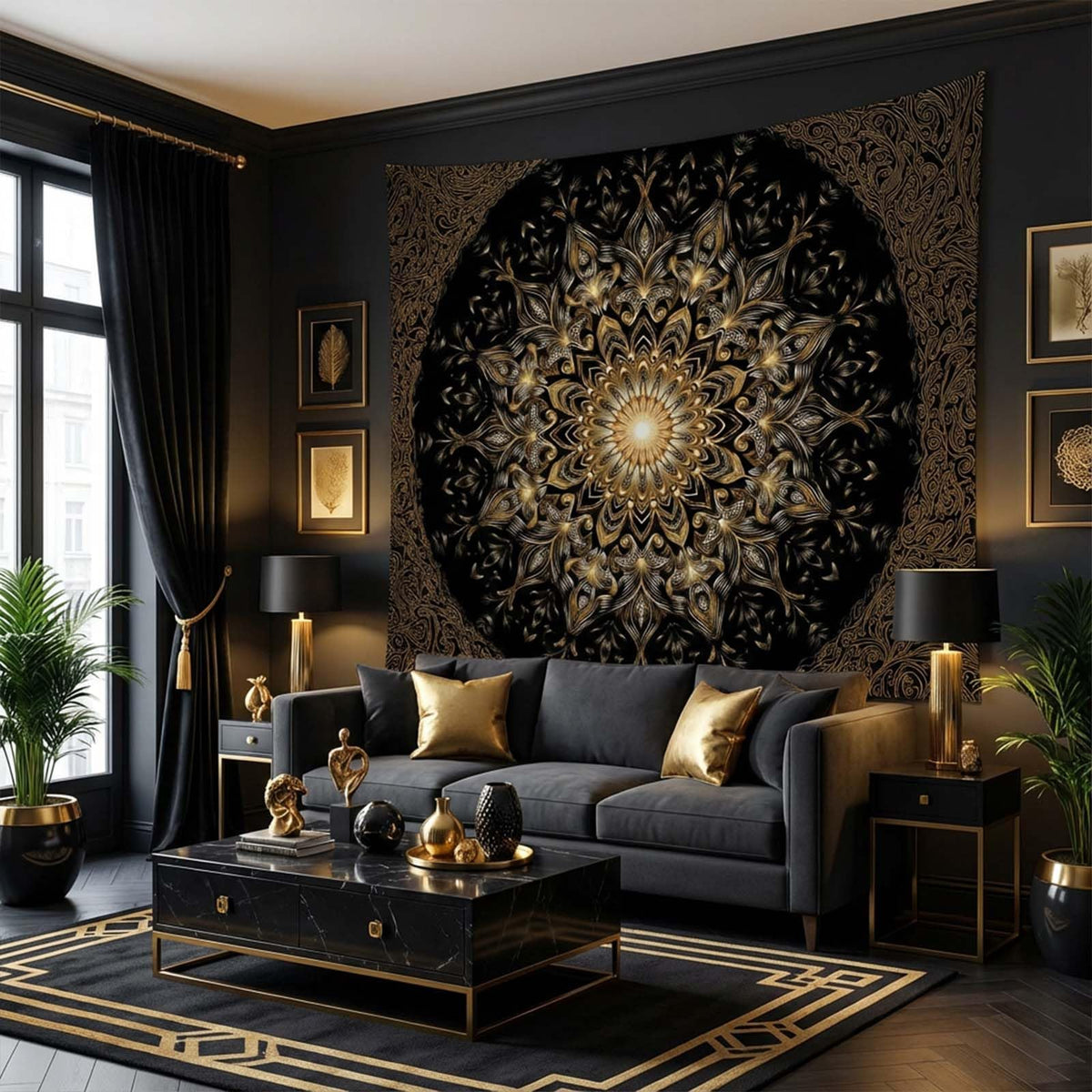 Tapestry Black Gold Luxury Mandala Tapestries Gothic Palace Tapestries Elegant Wall Tapestry Bedroom Dormitory Living Room Decoration 60"x44" (60"L x 44"W / Black Golden)