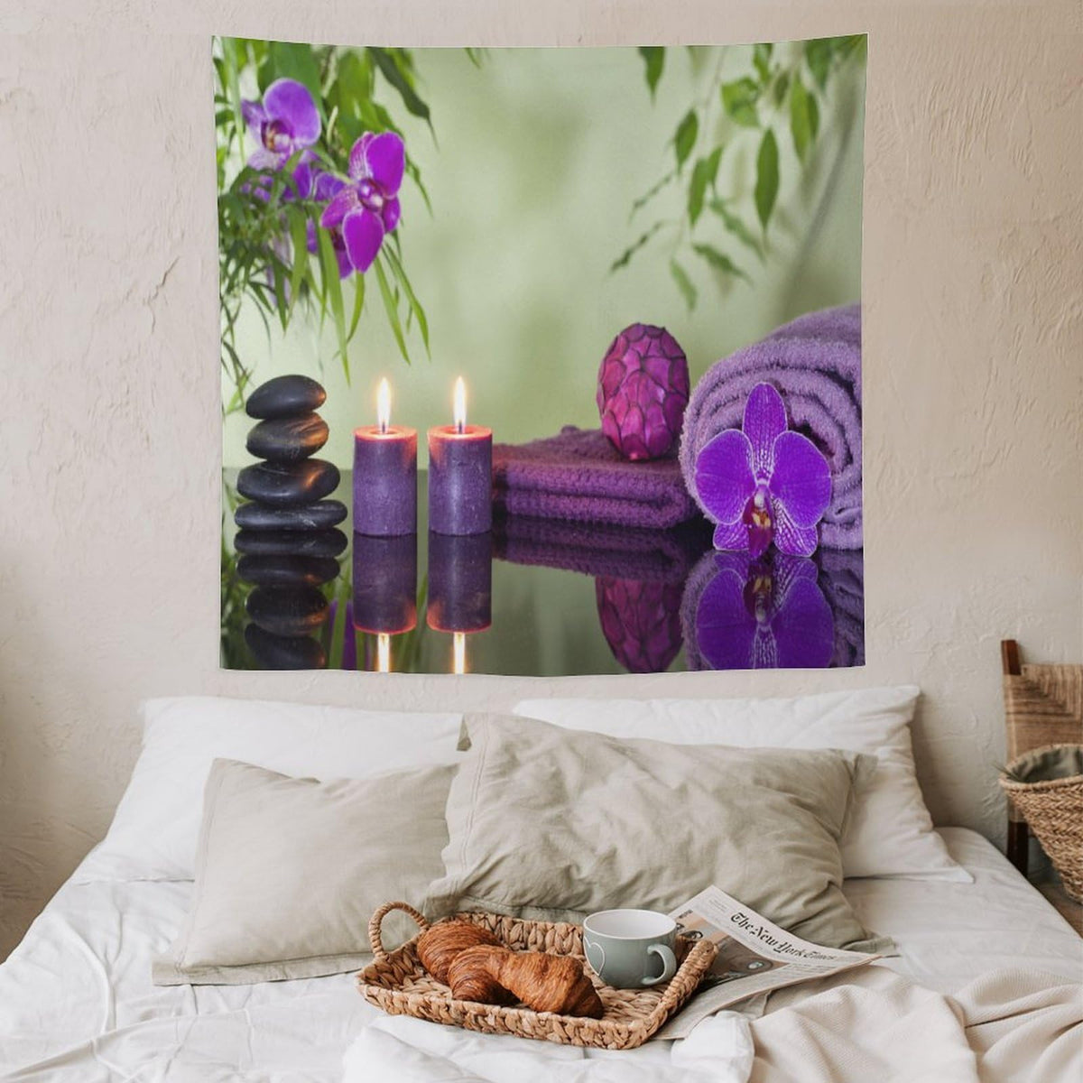 Spa Zen Tapestry Wall Hanging Asian Stones Purple Candles Orchids Bloom Aromatic Tapestries Home Decor for Living Room Bedroom Farmhouse Kitchen Dorm 60"x60" (60"L x 60"W / Zen-5)