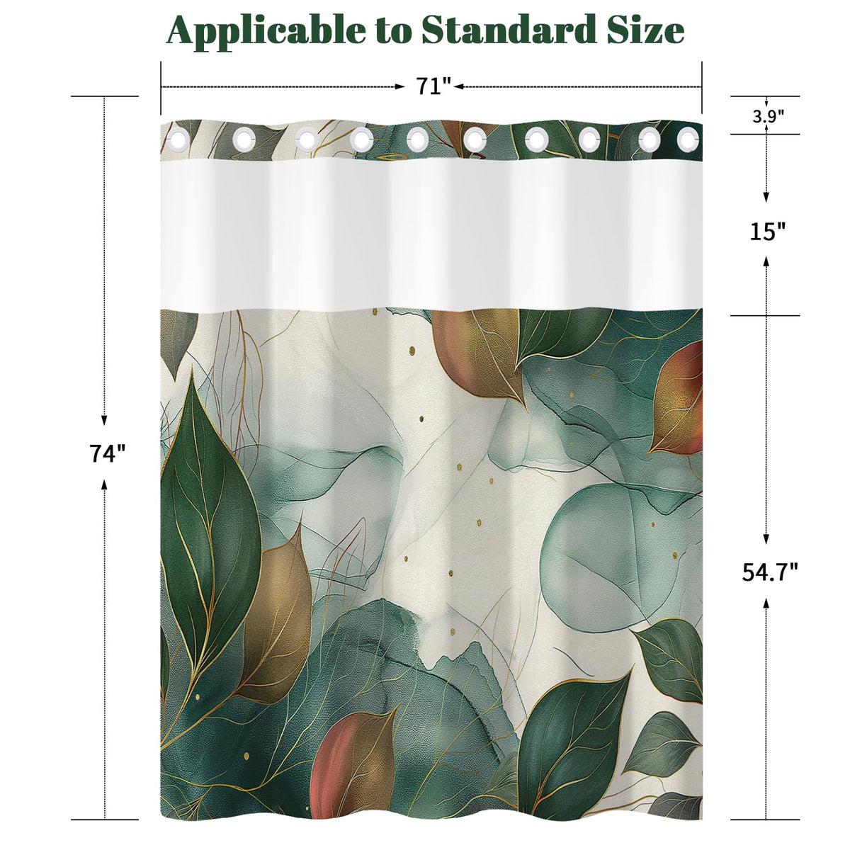 Abstract Botanical Leaf Shower Curtain No Hooks with Liner (Green Leaf)