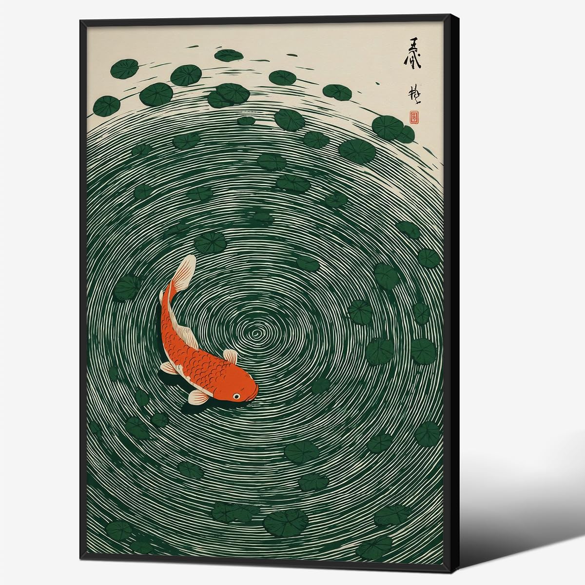 Japanese Koi Fish Black Framed Poster Oriental Asian Lucky Carp Canvas Wall Art 24x36 inch Retro Japan Room Aesthetic Print Minimal Green Painting for Zen Water Living Room Office Decor Ready to hang (Black Framed / Japanese Koi Fish / 36"L x 24"W)