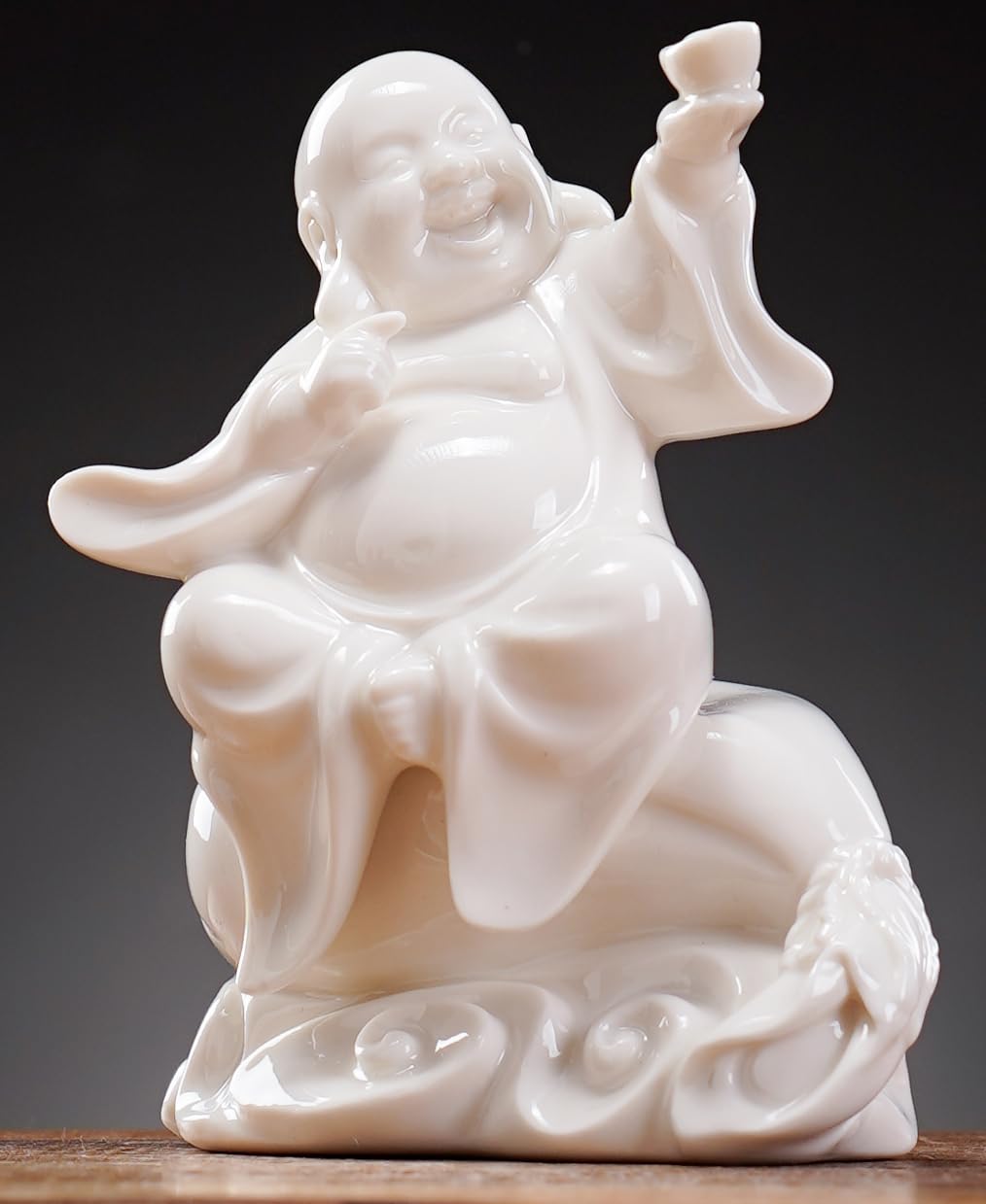 Small Ceramic White Laughing Buddha Statue for Good Luck (Money)