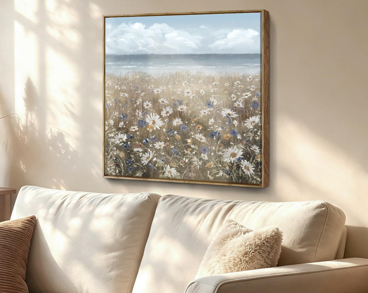 Framed Wall Art for Bedroom Decor Farmhouse Boho Beach Coastal Vintage Floral Ocean Wall Picture Daisy Flowers Sea Canvas Print Nautical Neutral Seascape Artwork for Home Living Room Bedroom Office (Coastal Flower Sea Art / 24"L x 24"W)