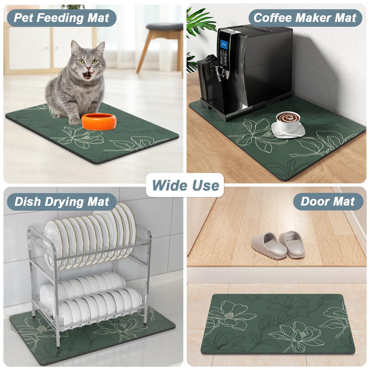Coffee Mat 12" x 19" Coffee Bar Mats for Espresso Machine Station Accessories and Organizer (Line Art Magnolia / 12" x 19")
