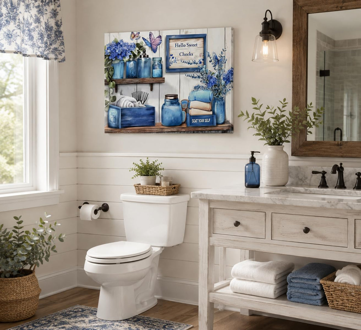 Navy Blue Farmhouse Bathroom Canvas Wall Art 16x24Inches (Blue Canvas / 24"L x 16"W)