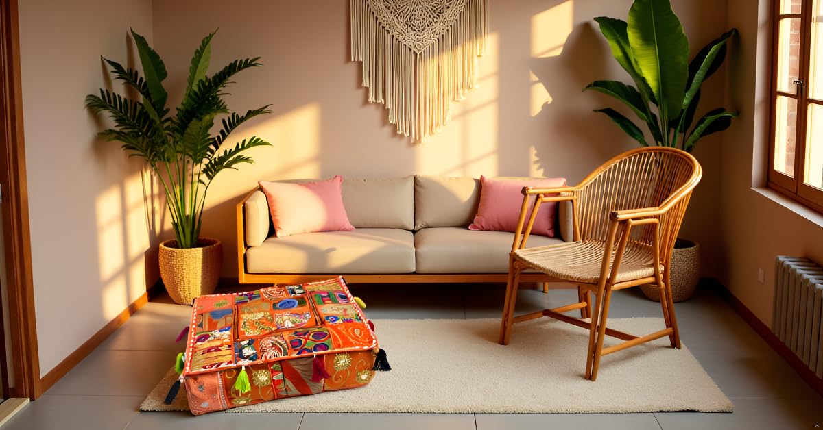 Indian Square Patchwork Traditional Pouf Cover Indian Living Room Poufs Decorative Embroidered Designer Ottoman Home Living Footstool Chair Cover Decor Pillow Cover 16x16x5 inches (16"D x 16"W x 5"H / Orange)