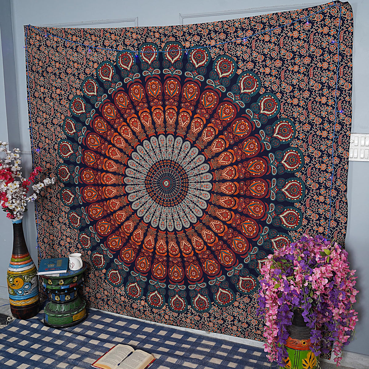 Handmade Cotton Peacock Mandala Tapestry (60"L x 50"W / Golden Blue)