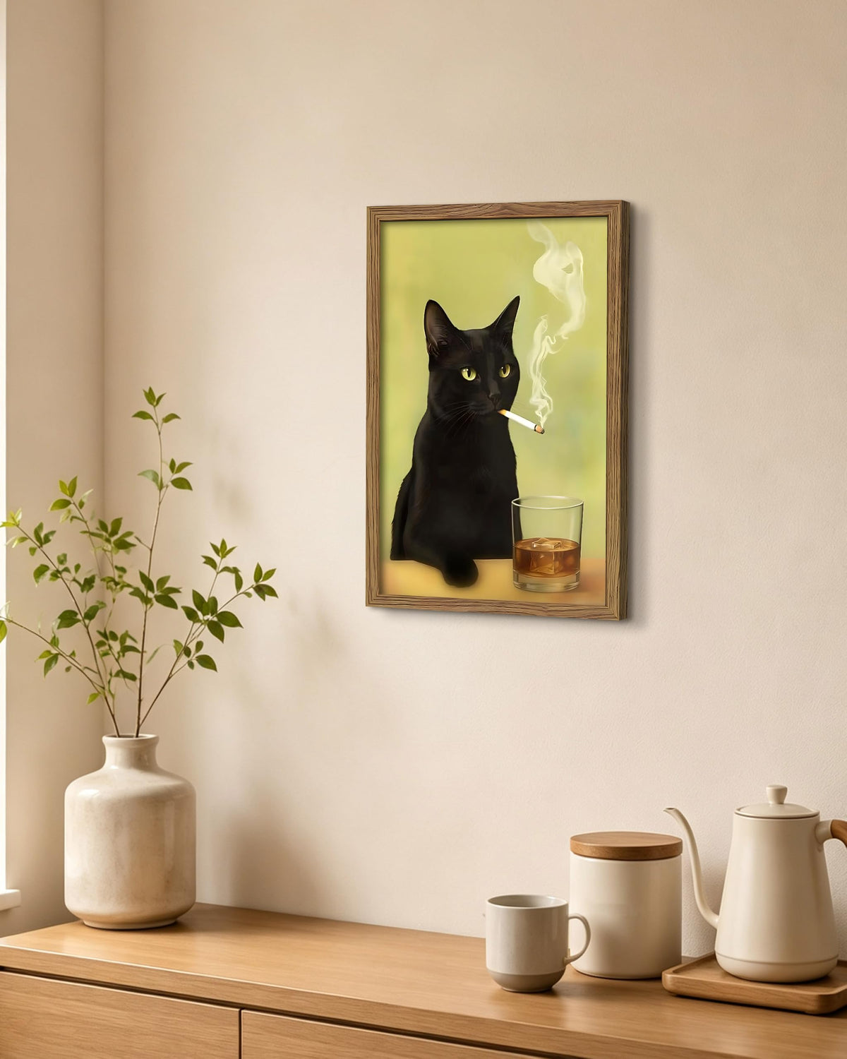 Funny Black Cat Framed Canvas Wall Art (A-Black Cat Smoking / 24"L x 16"W)