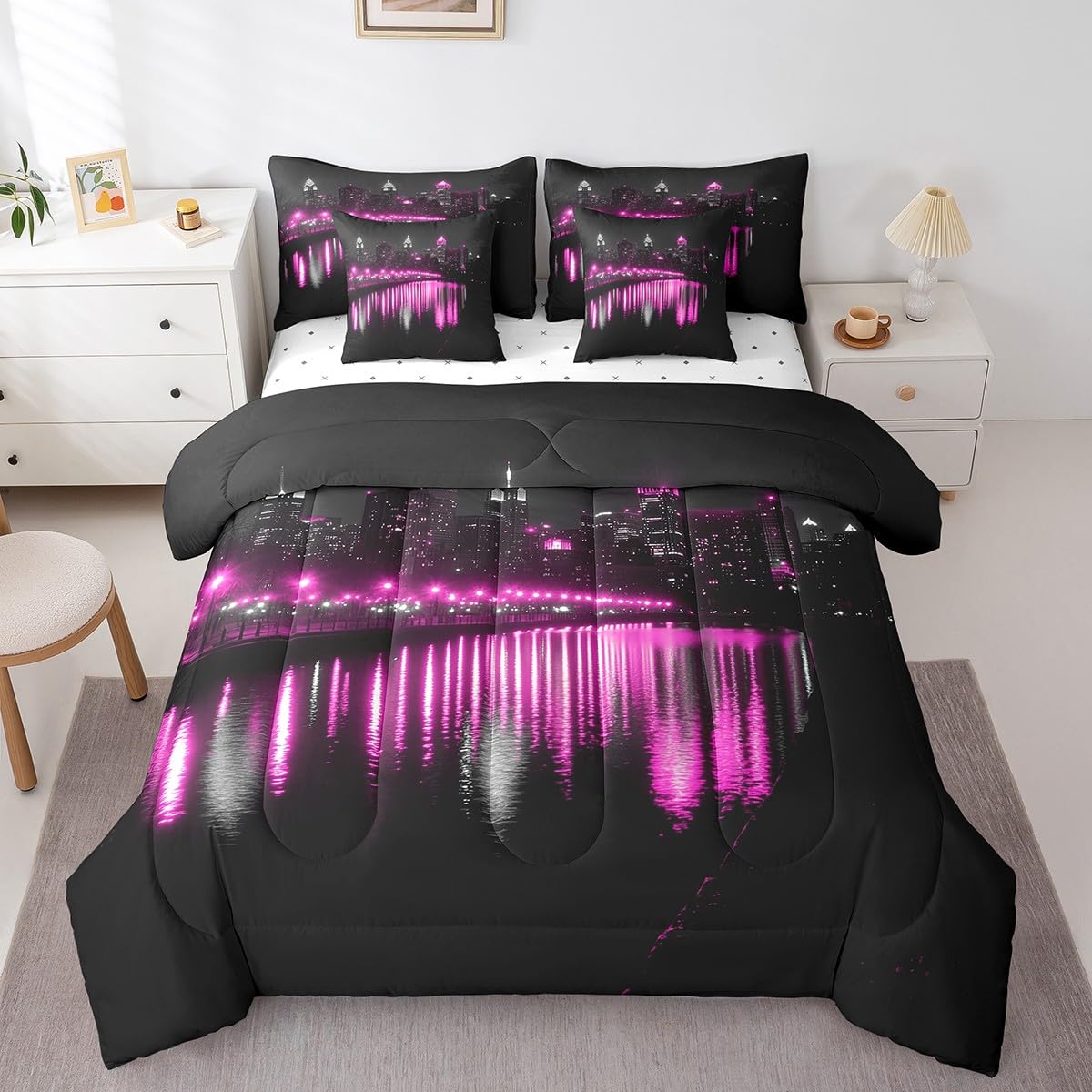 Golden Gate Bridge Comforter Set with Sheets Full Size Kids Nightscape 7 Piece Bedding Set All Season Teens City Scenery Bed in A Bag Breathable Soft Lightweight Black Purple Room Decor (Carbon Black Purple / Full)