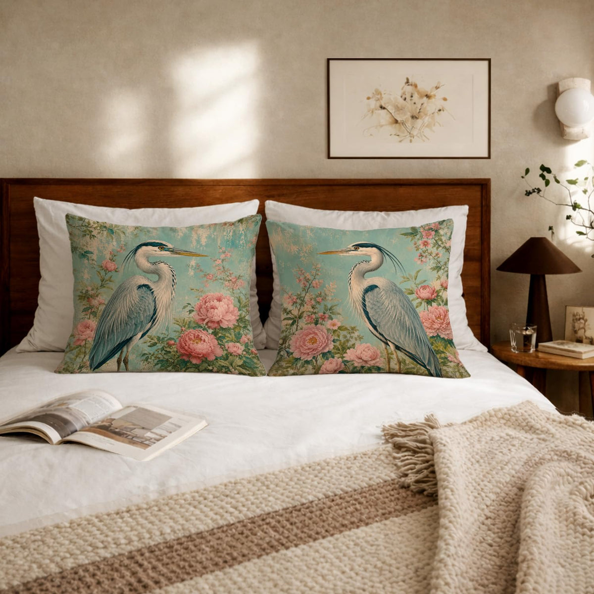 Vintage Pink Peony Floral Heron Bird Pillow Cover 18x18 Set of 2 (White-blue Heron Bird Set 2)