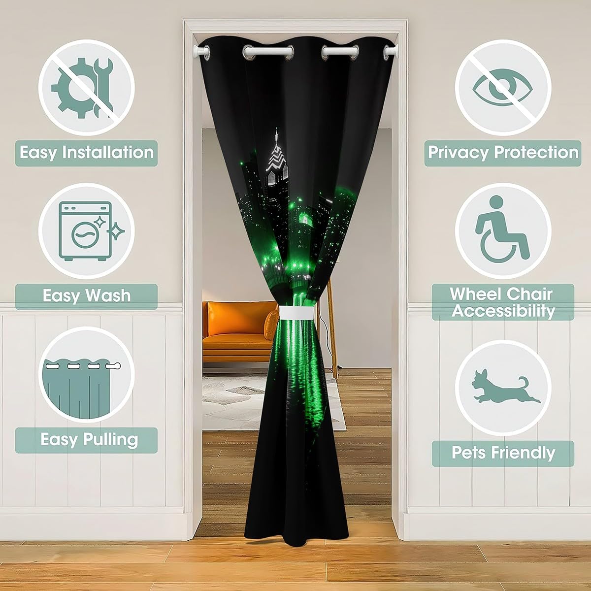 Golden Gate Bridge Door Curtain for Doorway Privacy 52x80 Inch 1 Panel Kids Nightscape Closet Cover Teens City Scenery Room Divider Curtain Breathable Soft Lightweight Black Green Room Decor (Carbon Black Green / 52"W x 80"L (Pack of 1))