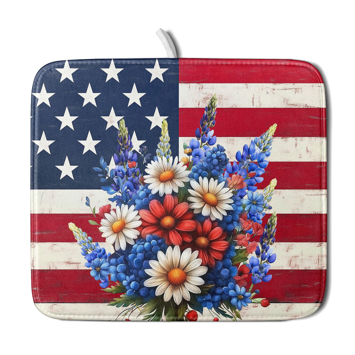 4th of July Patriotic Flower Dish Drying Mat for Kitchen Counter (Patriotic Flower / 16" x 18")