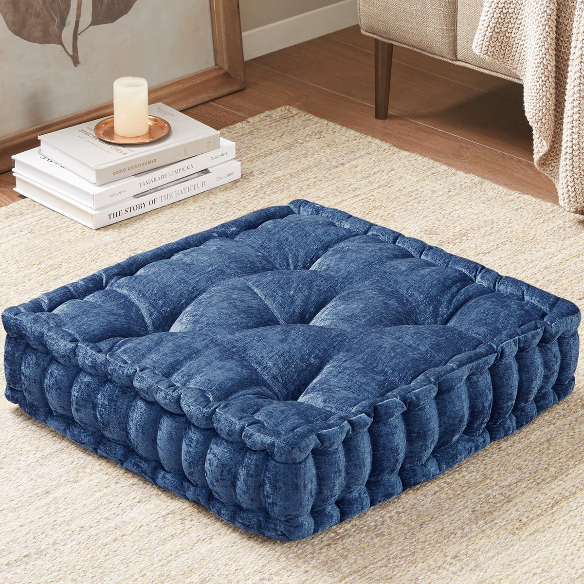 Floor Pillow Large Cushion for Meditation (Square Navy / 20"W x 20"L x 5"H)