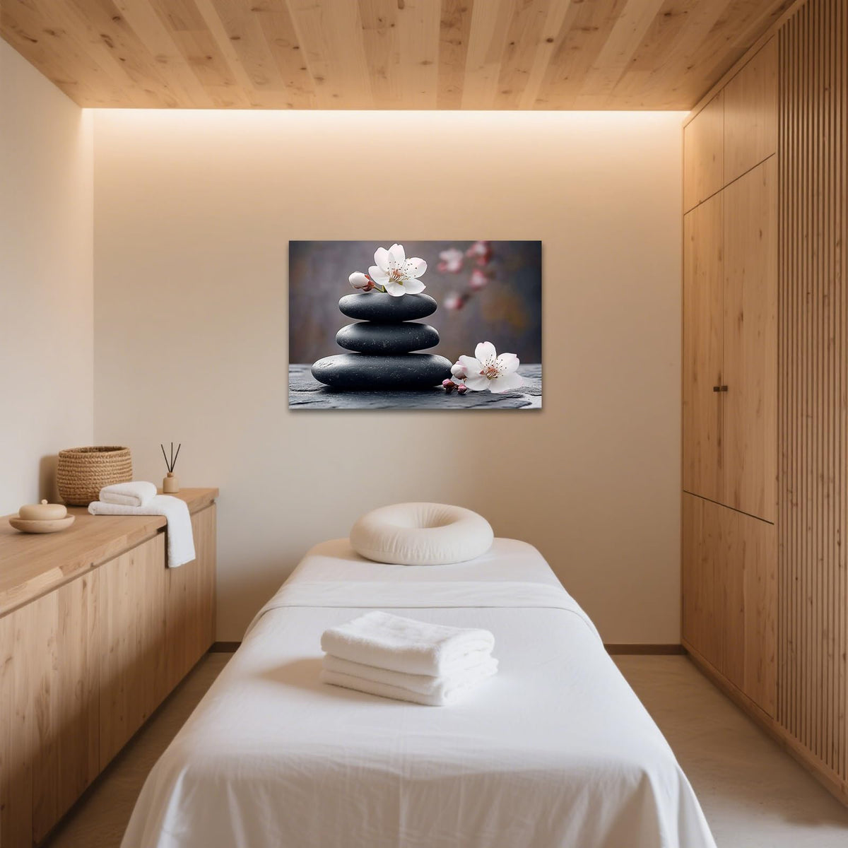 Zen Canvas Wall Art Black Stones with Cherry Blossoms Print Framed Artwork Poster for Yoga Meditation Room Spa Bathroom Decor (WE000050-6 / 30"L x 20"W)