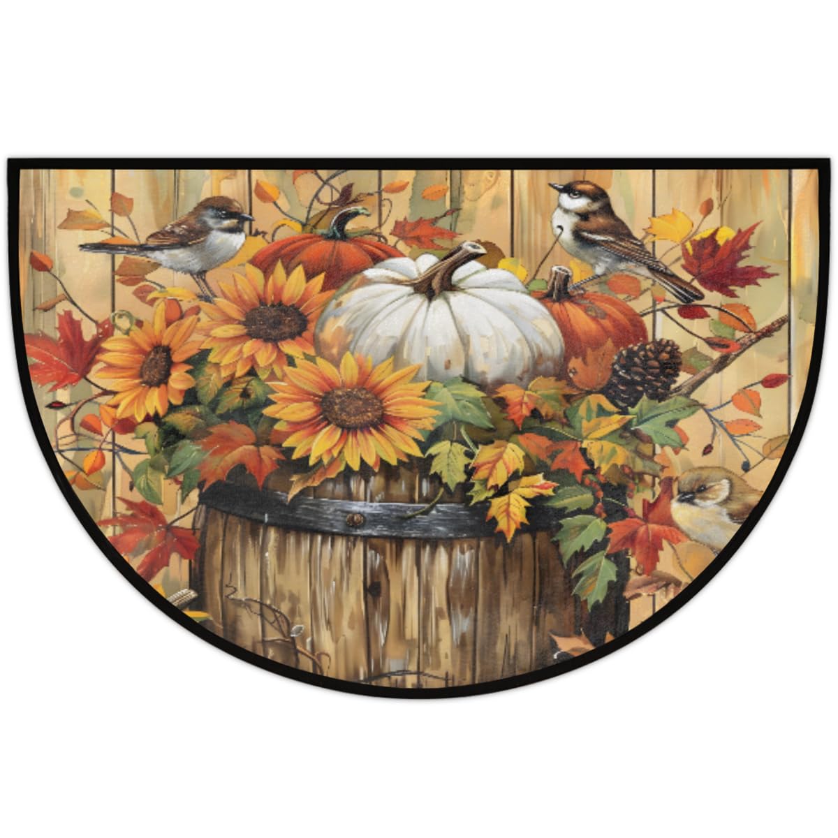 Autumn Bird Half Round Door Mat Indoor Entrance Semi Circle Area Rugs (E Retro Wooden Fall Bird)