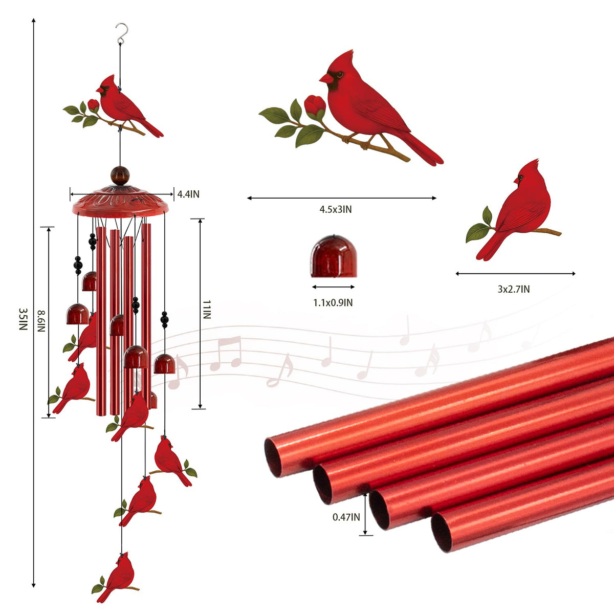 35" Cardinal Wind Chimes for Outside (35"Cardinal)