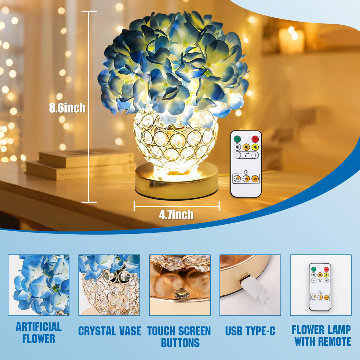 3 Color Artificial Blue Hydrangea Flower Lamp Night Light Desk Lamp for Bedroom Bar Coffee Shop Living Room Decor (Hydrangea-Blue)