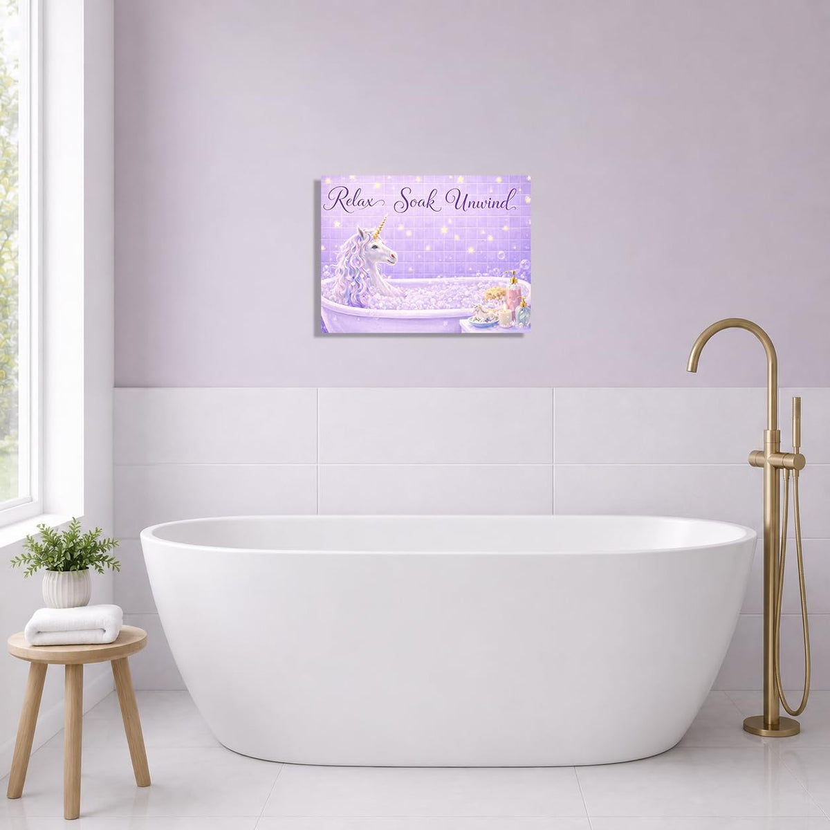 Bathroom Unicorn Wall Art Unicorn in Bathtub Wall Decor Relaxing Canvas Painting Pictures Purple Artwork for Bathroom Toilet 12"x16" (Bathroom Unicorn / 16"L x 12"W)