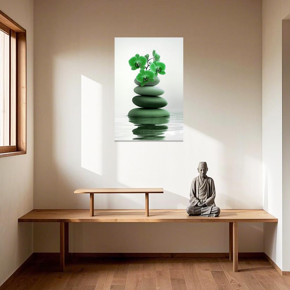 Zen Wall Art Stones Picture Orchid Canvas Painting Green Zen Water Prints Spa Bathroom Decor Meditation Yoga Room Office Home Framed (Green / 28" x 42")