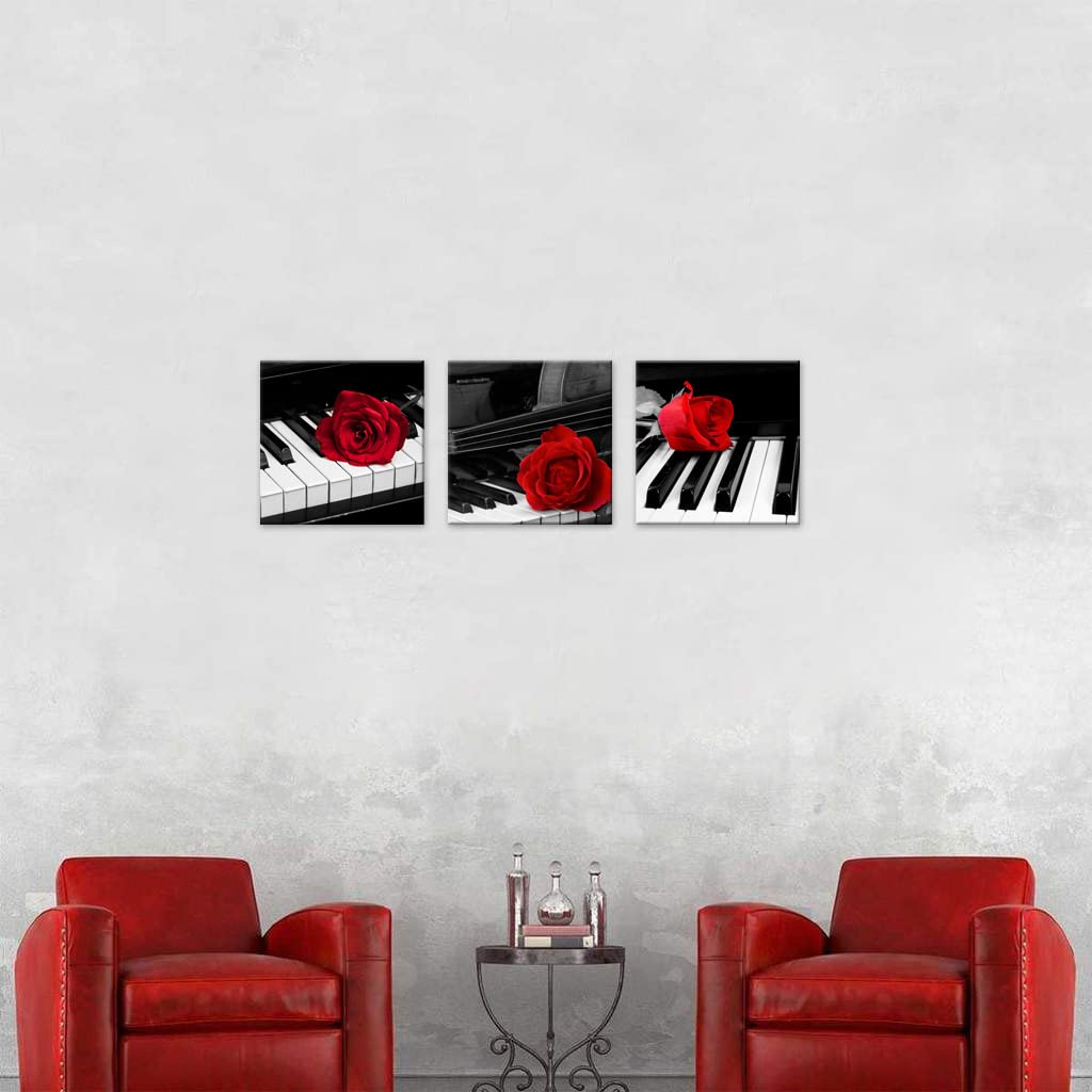 3 Pcs Modern Canvas Painting Black and White Red Rose Canvas Art Rose and Piano Keyboard Wall Art Music Decorations Flower Picture on Canvas for Home Decor Giclee Framed Artwork for Wall (14 x 14 inches (3-Piece Set) / Rose & Piano Key)
