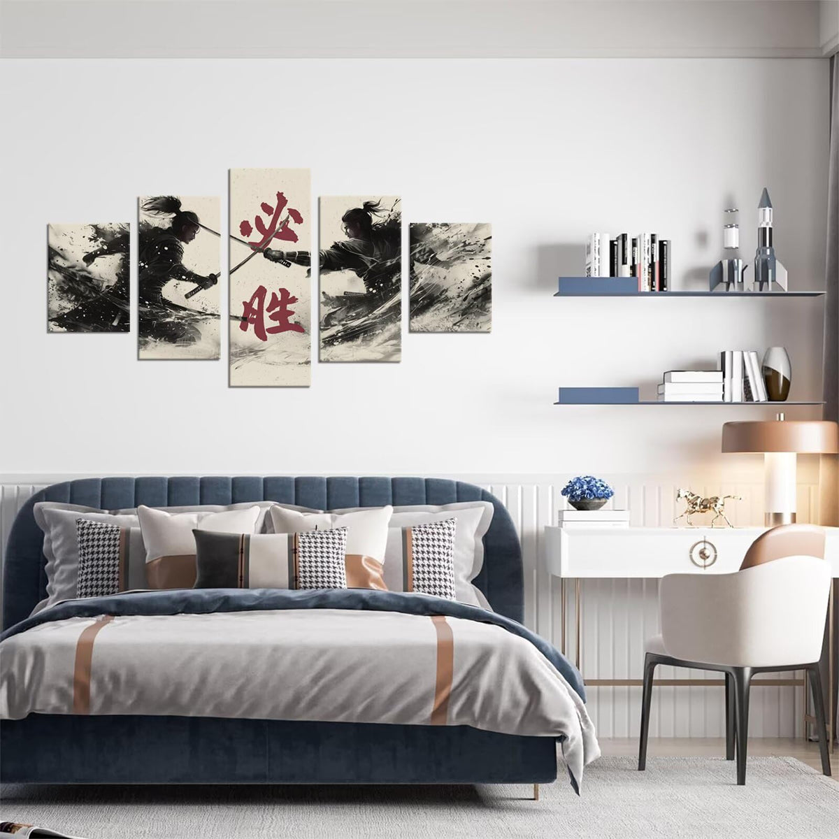 Samurai Canvas Wall Art 5 Piece Japanese Samurai Poster Prints Black and White Japanese Art Wall Decor Modern Home for Office Living Room Decorations Bushido Artwork Framed (60"Wx40"H / White and black red)