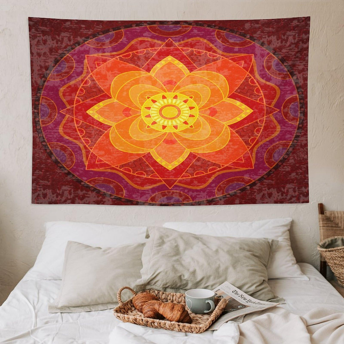 Red Mandala Tapestry Wall Hanging Bright Circular Ethnic Pattern Native Indian Ornament Tapestries Home Decor for Living Room Bedroom Kitchen Dorm 60"x90" (60"L x 90"W / Mandala-9)