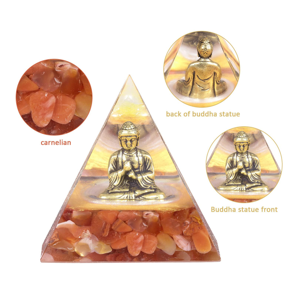 Hand Carved Carnelian Buddha Statue Orgone Crystal Pyramid (Red)