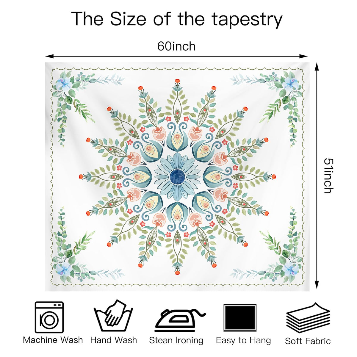 Boho Mandala Tapestry for Bedroom (Blue Mandala Tapestry / 60"L x 51"W)
