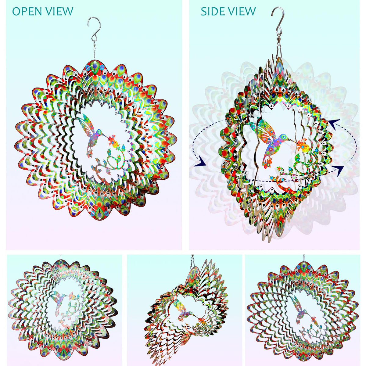Hummingbird Wind Spinner for Yard and Garden (12in / 009-1green Multi Color-1hummingbird)
