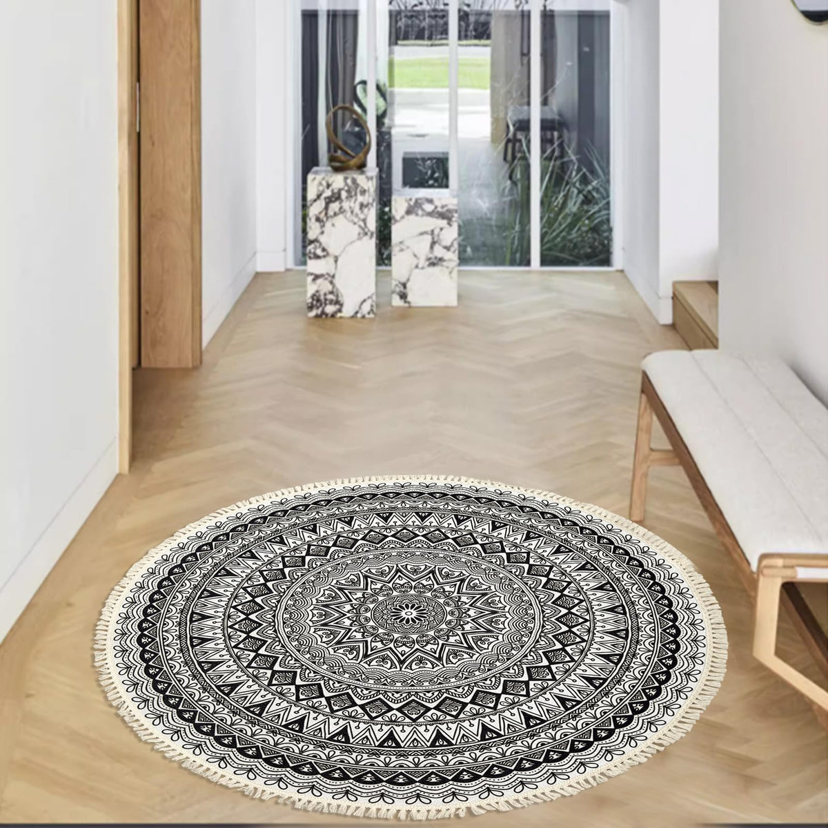 Boho Rug 4Ft Black Round Washable Carpet for Bedroom Farmhouse (Boho Flower 1 / 4' (Round))