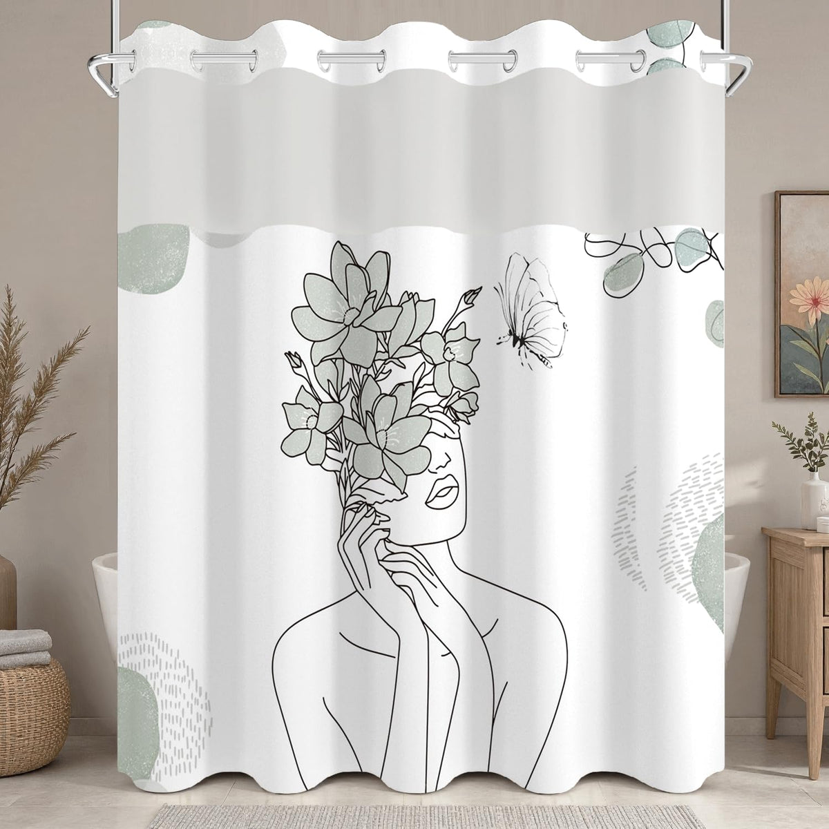 Minimalist Artistic No Hook Shower Curtain with Snap in Liner (Art-2)