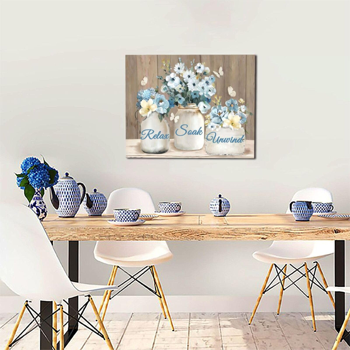 Farmhouse Flower Rustic Blue Floral Canvas Painting Prints (Blue Flower / 20"L x 16"W)