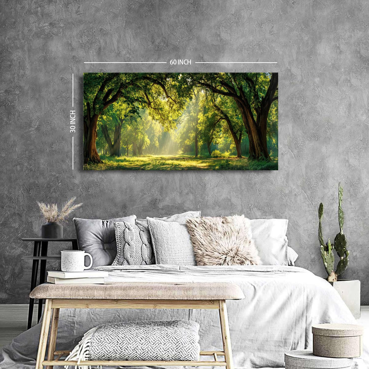 Green Forest Wall Art Panoramic Woodland Landscape Canvas Pictures Nature Wall Decor Sunrise Sunlight Trees Scenery Poster Living Room Bedroom Office Hallway Cabin Lodge Home Decoration 30x60 (60"L x 30"W / Forest)