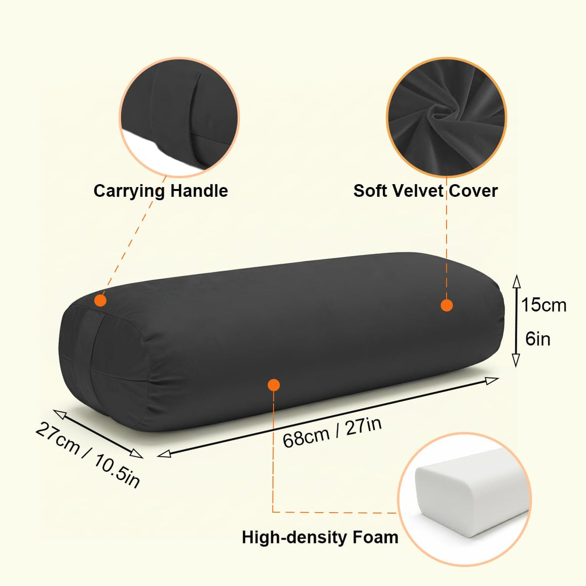 Yoga Bolster Pillow for Restorative & Yin Yoga (Black / 27IN /68CM)