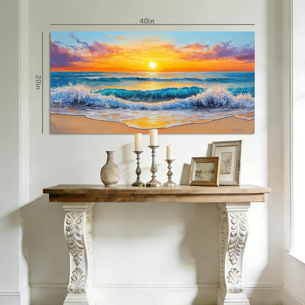 Modern Coastal Canvas Wall Art Beach Sunset Ocean Landscape Painting Flat Print Gallery Wrapped Nautical Farmhouse Home Artwork for Living Room Bedroom Bathroom Decor (Abstract / White Ocean Wave Sunset 16 / 58"L x 28"W)