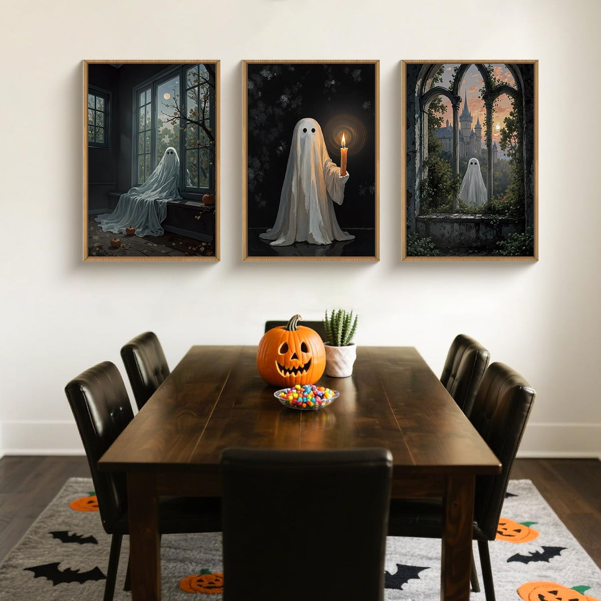 Large Halloween Cute Ghost Framed Canvas Wall Art Set (Halloween Cute Ghost Wall Art / 36"L x 24"W)