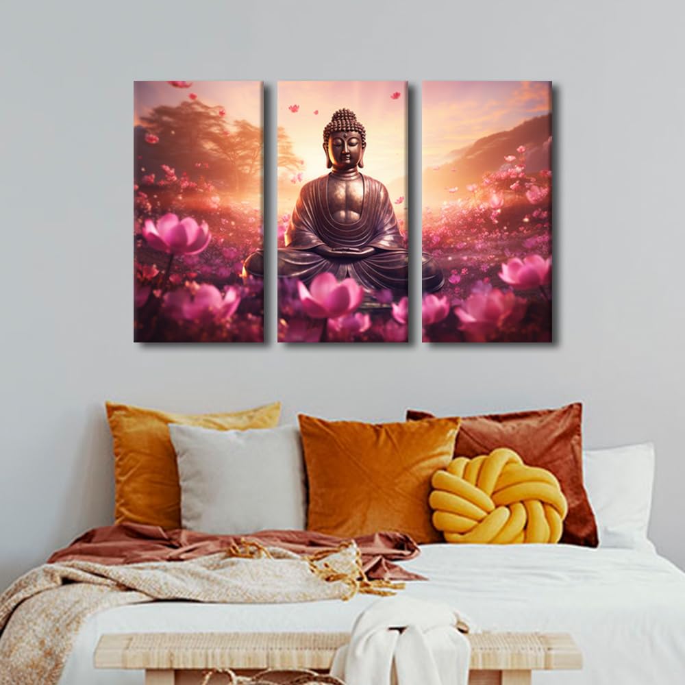 Canvas Wall Art for Home Buddha Sculpture Poster Decor Buddha Statue Surrounded By Flowers Picture Modern 3 Panel Office Wall Art for Bedroom Wall Decor Stretched and Framed Ready to Hang 36x24 in (36x24 in / 3PANEL-18)