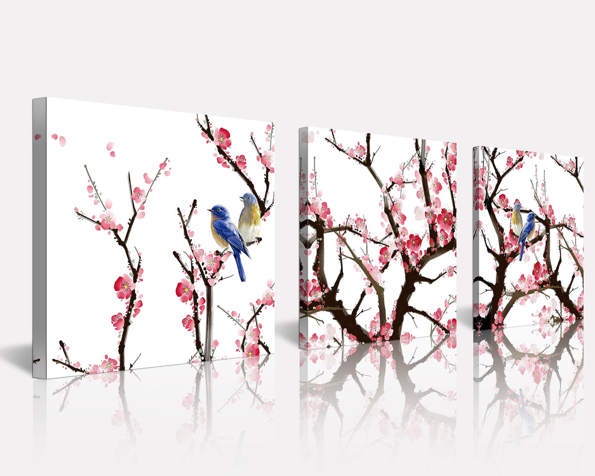 Small Size Traditional Chinese Painting of Birds on Peach Trees Canvas Prints 3 Panels Wood Framed Peach Blossom Wall Art Plum Flowers Print Painting 12x12inches 3pcs (Pink / 12x12 inches (3 pieces))