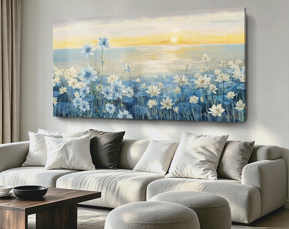 Extra Large Wall Art for Living Room Modern Framed Coastal Beachy Canvas Wall Art Big Floral Sunrise Blue Wall Picture Oversized Lake Nature Sunset Artwork for Office Bedroom Decor 58"x29" (Sunrise Wall Art / 58"L x 29"W)