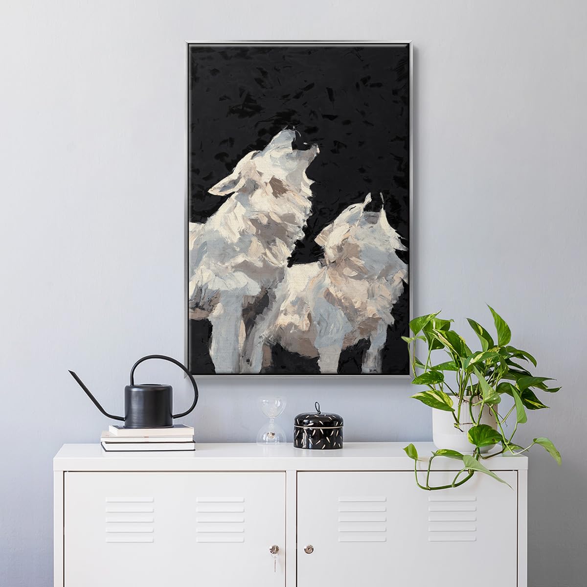 Animals Wall Art Silver Floater Frame Home Decor White Midnight Wolves Howling Abstract Modern Hanging Paintings for Living Room Kitchen Office (25"L x 17"W / Midnight Wolves I)