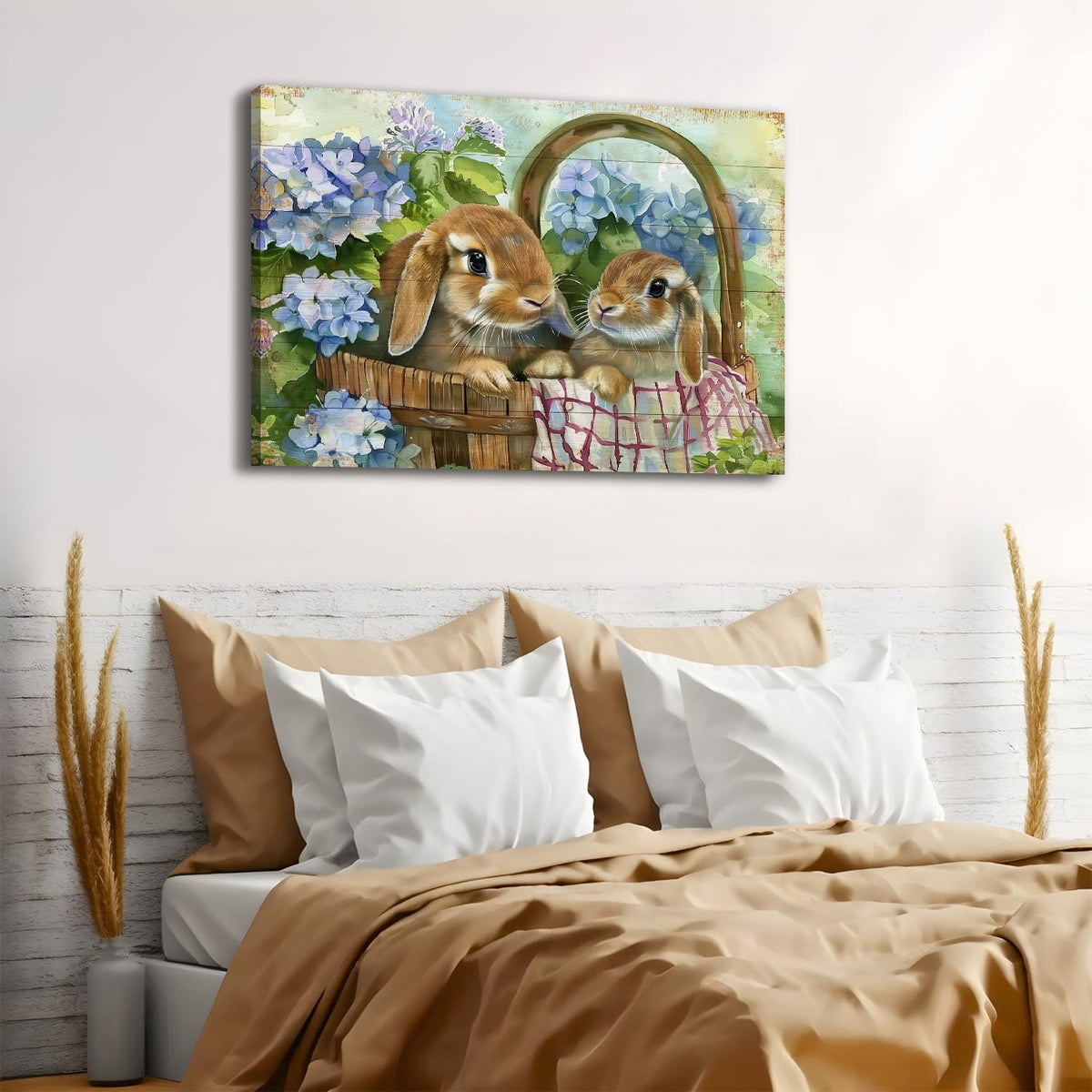 Rabbits Wall Art Easter Wall Decor Blue Flower in Basket Picture Canvas Prints Funny Bunny Poster Vintage Animals Painting Farmhouse Rustic Artwork Kitchen Bedroom Living Room Home Decoration 32x48" (48"L x 32"W / Rabbit)