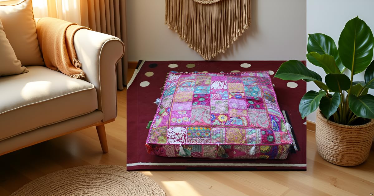 Indian Square Patchwork Traditional Pouf Cover Indian Living Room Poufs Decorative Embroidered Designer Ottoman Home Living Footstool Chair Cover Decor Pillow Cover 35 inches (35"D x 35"W x 5"H / Baby Pink)