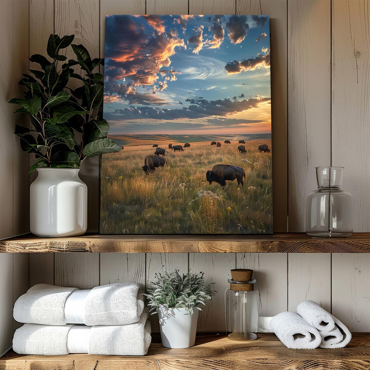 Cow Pictures Wall Decor American Bison Wall Art Tallgrass Prairie National Park Poster Nature Sunset Landscape Canvas Prints Highland Cow Artwork for Living Room Kitchen Home Decorations 12x16" (16"L x 12"W / Tallgrass Prairie)