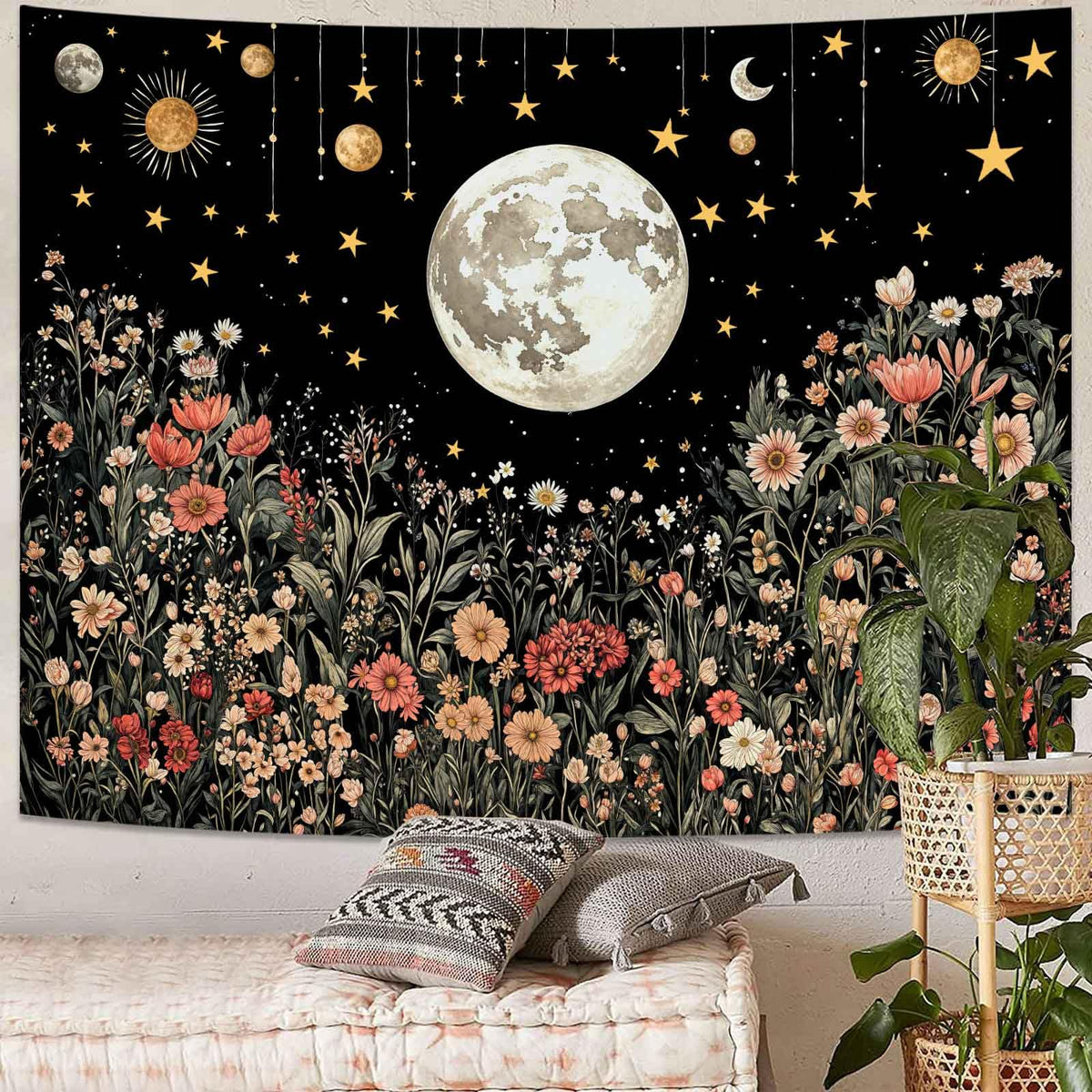 Enchanted Floral Night Sky Tapestry (80"L x 60"W / Black Moon)