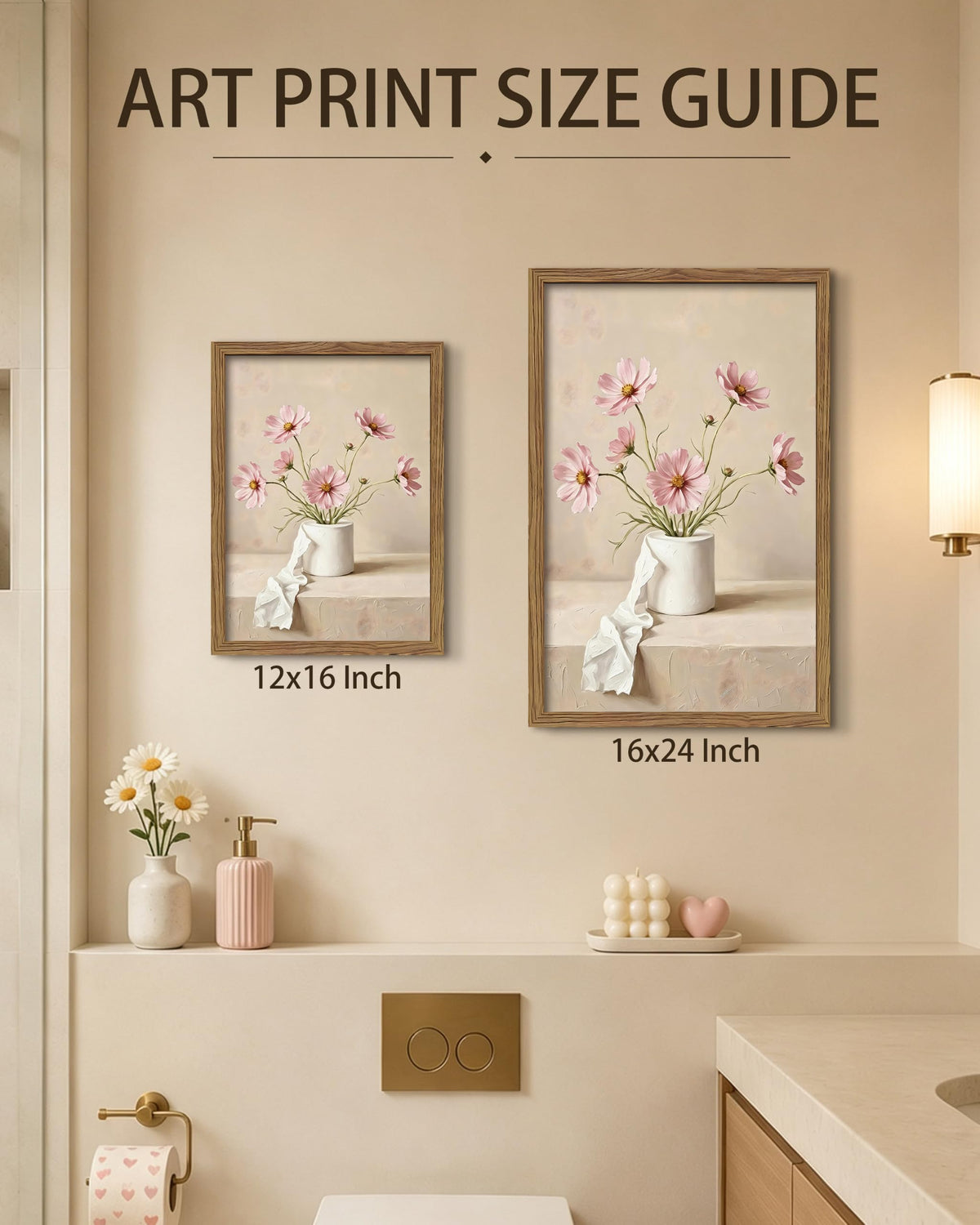 Pink Cosmos Flower Bathroom Framed Canvas Wall Art (A-Pink Flowers / 24"L x 16"W)